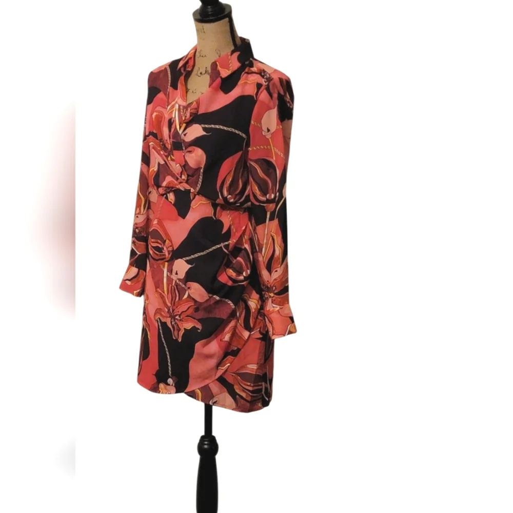 INC International Concepts Scarf Floral Chain Wrap Deep V-neckline Mini Dress